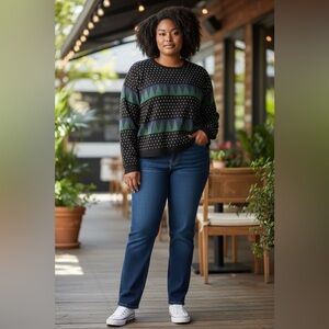 Eloquii Relaxed Fit Knit Crop Crew Neck-Black/White/Green/Blue Graphic-Size18/20